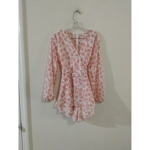 Fashion Classic Pink Floral Long Sleeve Surplice Romper with Tie Back Size M